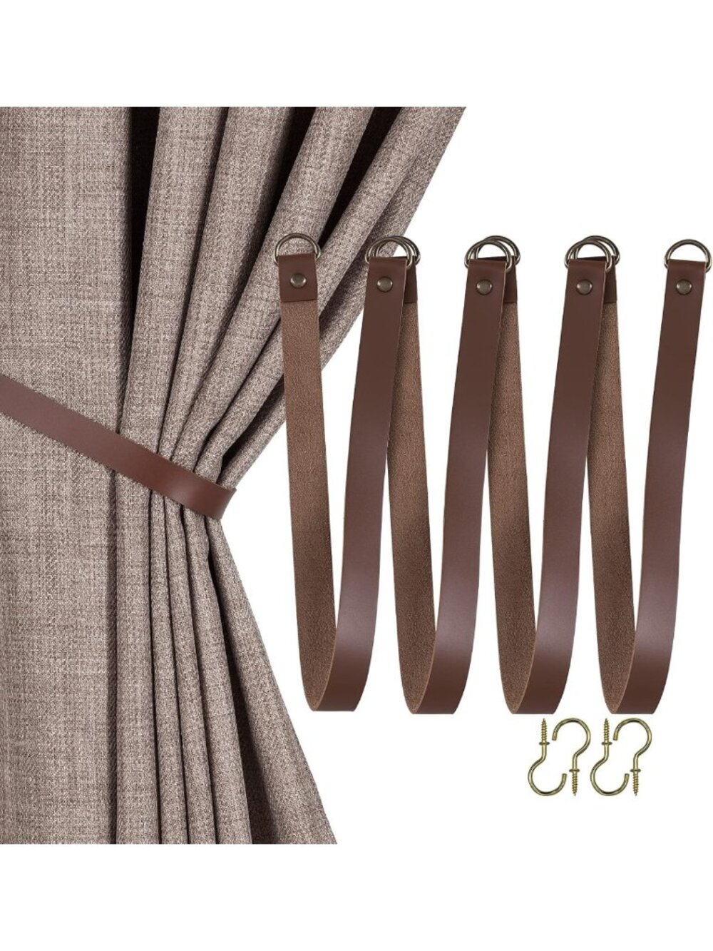 Faux Leather Curtain Tiebacks with Hooks, 4 Pack, Stylish Chocolate Home Decor